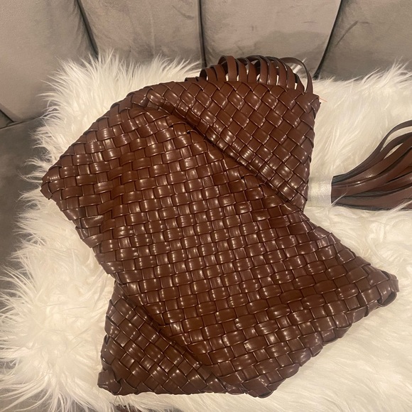 Woven Coffee Brown Clutch Bag with Fridges - Picture 3 of 6